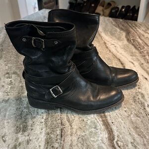 Frye Black Leather Lace-Up Buckle Mid-Calf Boots